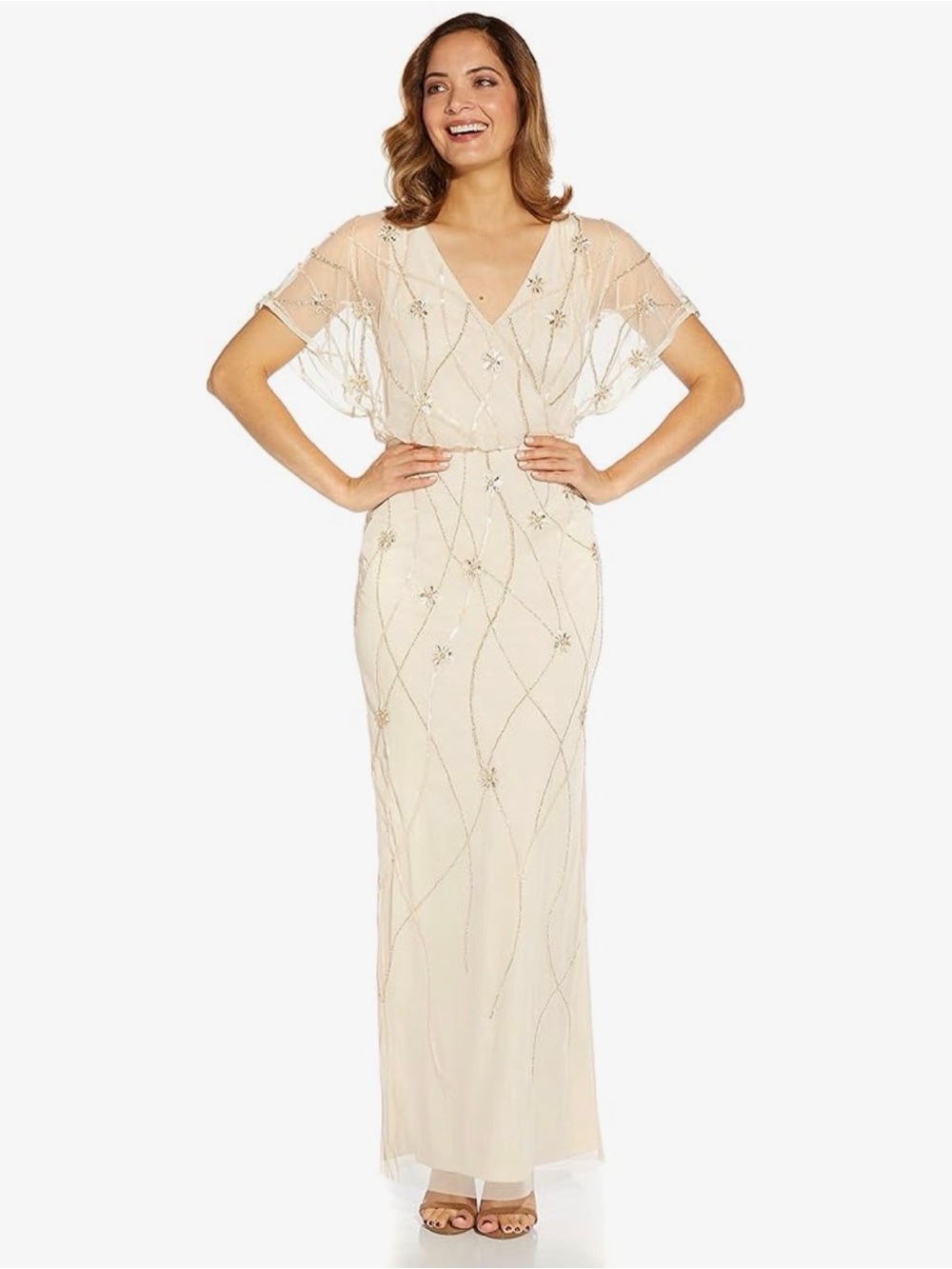 Adrianna Papell Beaded Cream Maxi Dress with Flutter Sleeves